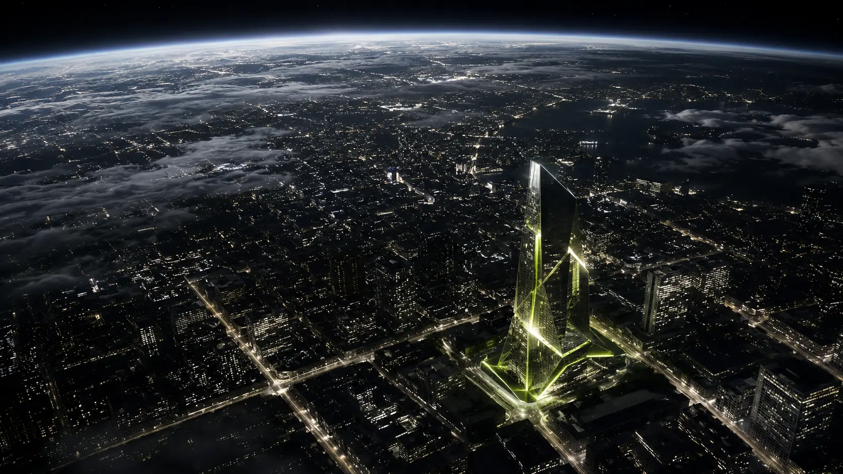 Futuristic city and IAM headquarters concept viewed near Earth
