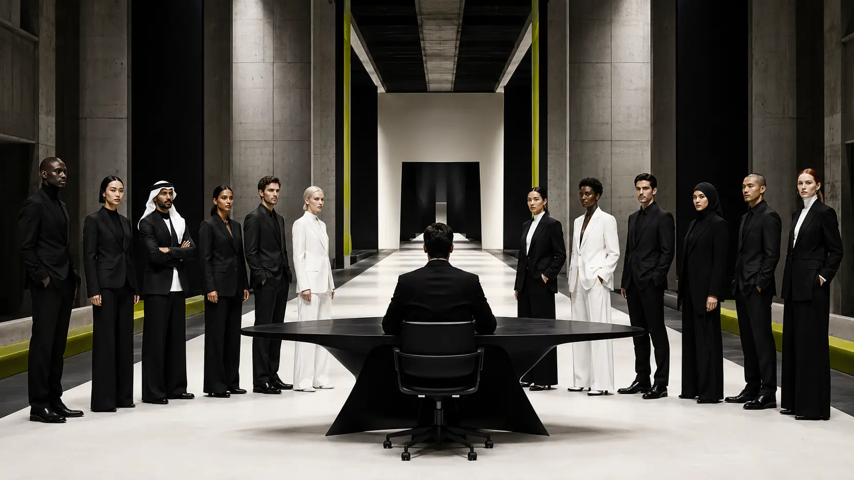 IAM headquarters concept with adult models surrounding the creative director desk