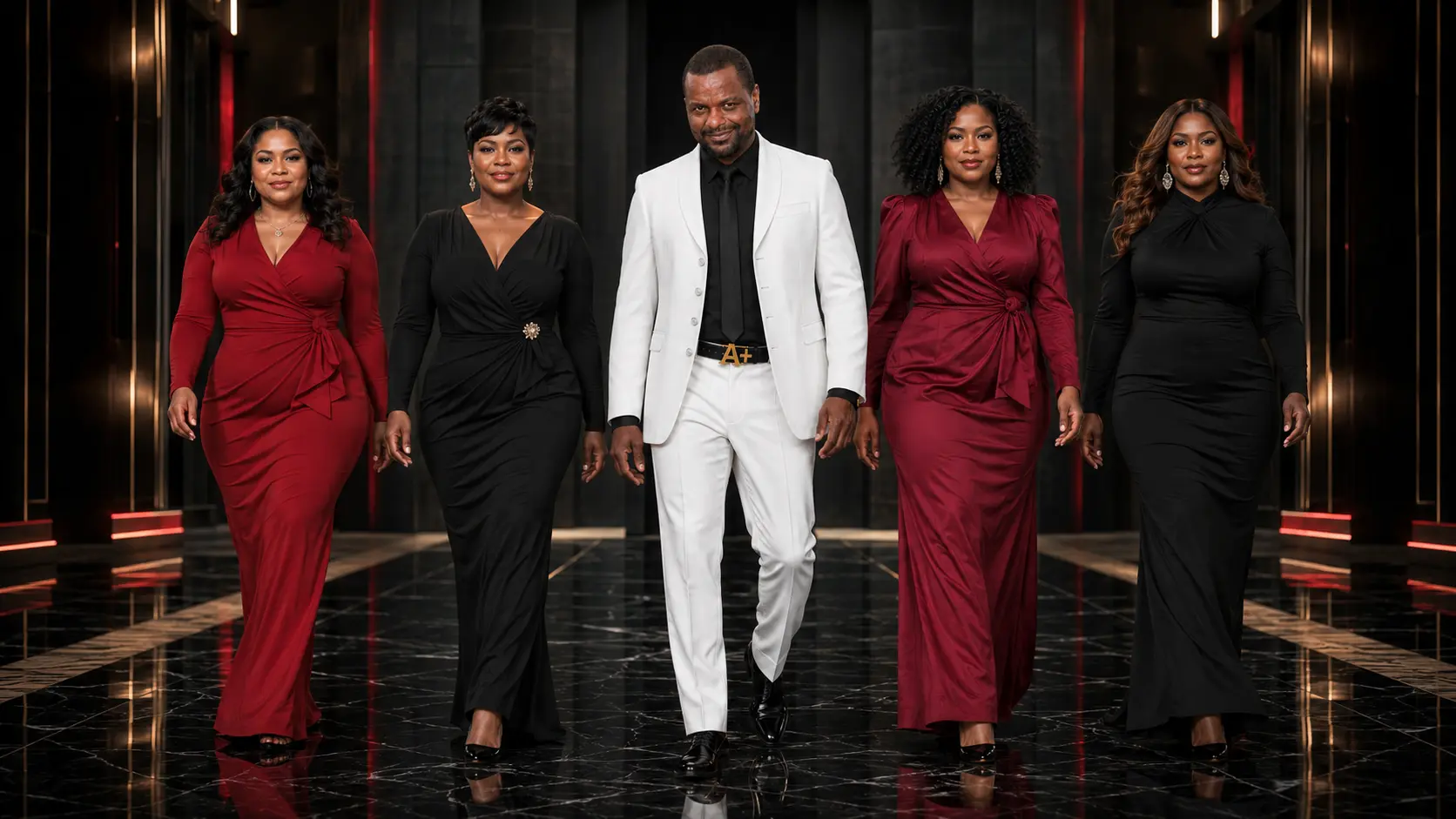 Creative director in a white suit walking with adult fashion models